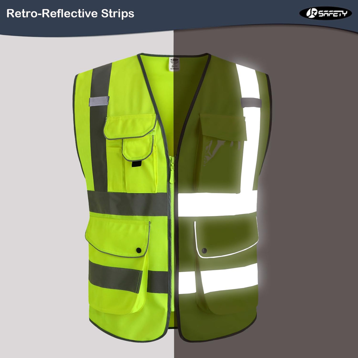 JKSafety vest with zipper front closure and clamshell pockets in use.