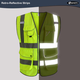 JKSafety vest with zipper front closure and clamshell pockets in use.