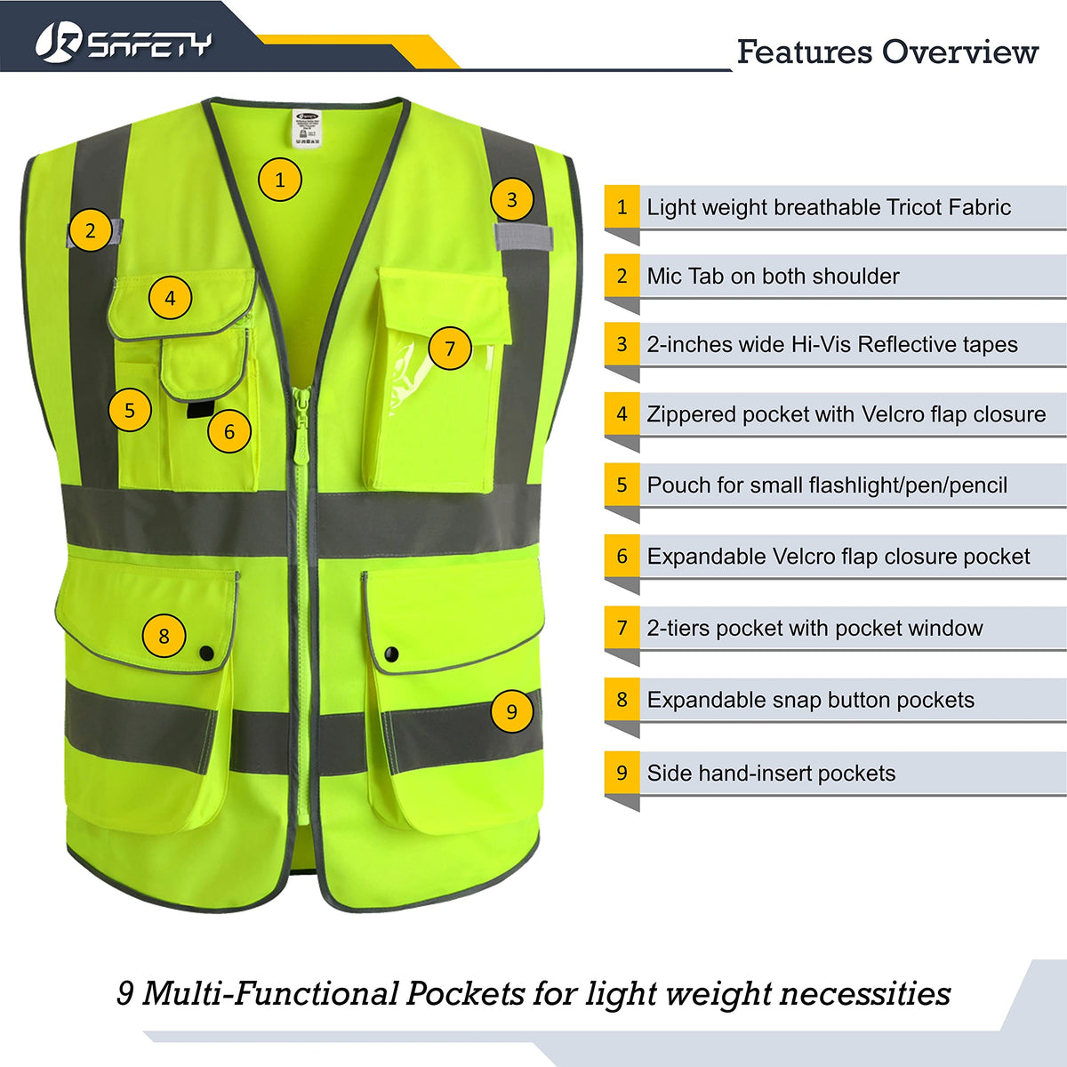 JKSafety vest with zipper front closure enables quick tool access.