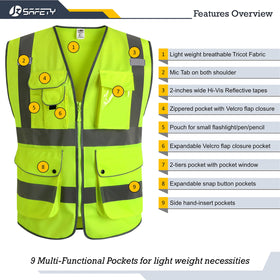 JKSafety vest with zipper front closure enables quick tool access.