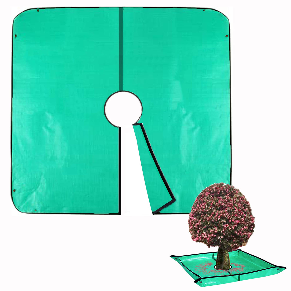 JMBay landscape pruning tarp surrounds a tree, catching leaves for quick cleanup.