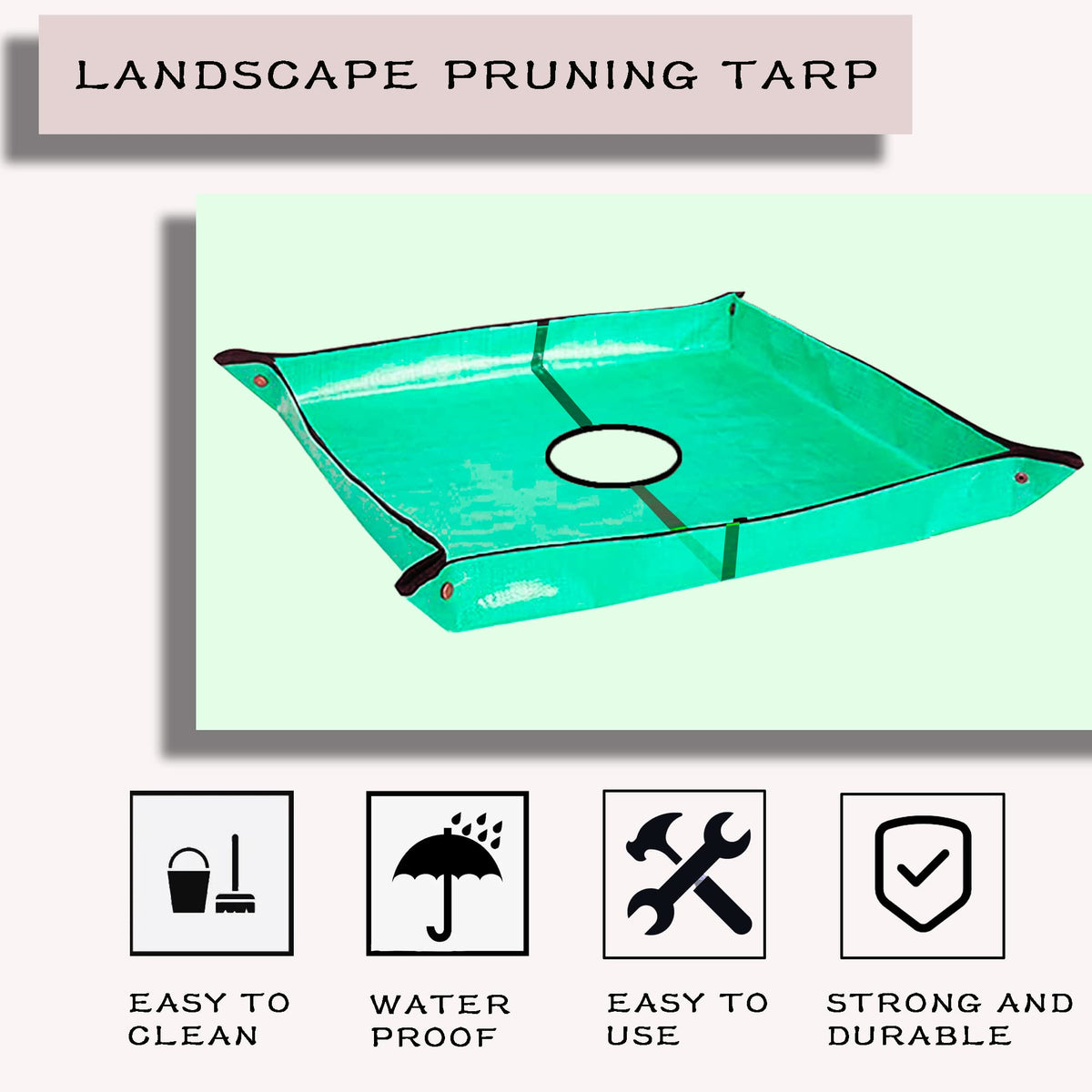 Waterproof polyethylene tarp protecting soil while pruning around a tree.