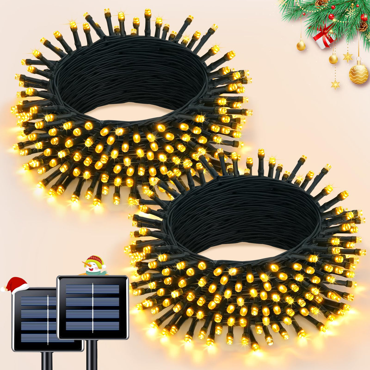 JMEXSUSS 2-pack solar Christmas lights illuminate outdoor spaces with warm white glow.
