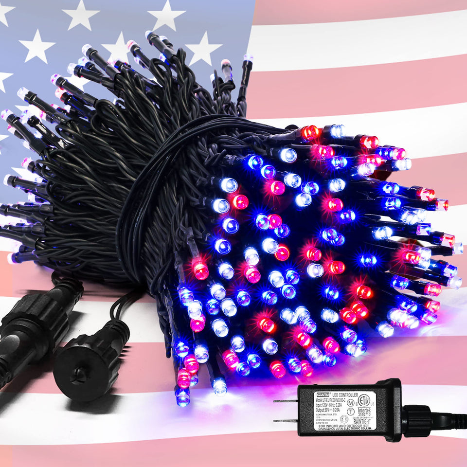 JMEXSUSS 200 LED red white blue outdoor lights illuminate decks and yards easily.