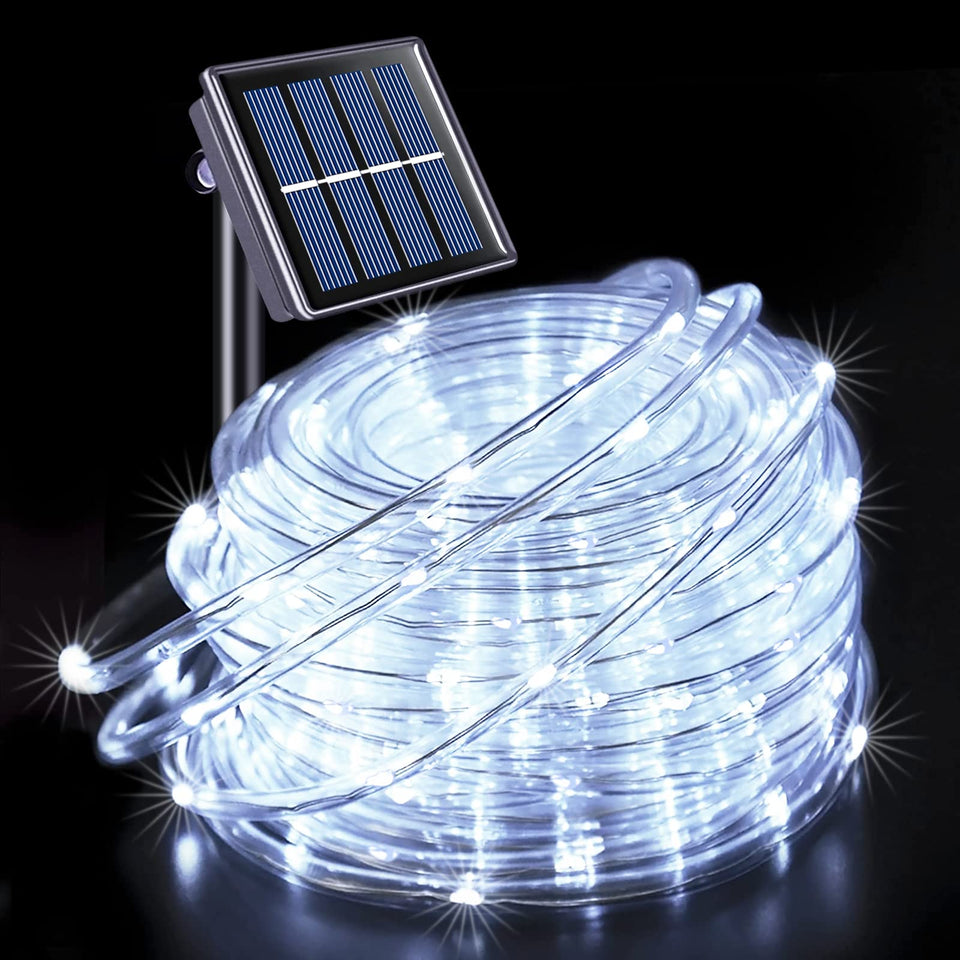 JMEXSUSS 200 LED rope light along pool edge provides warm evening glow