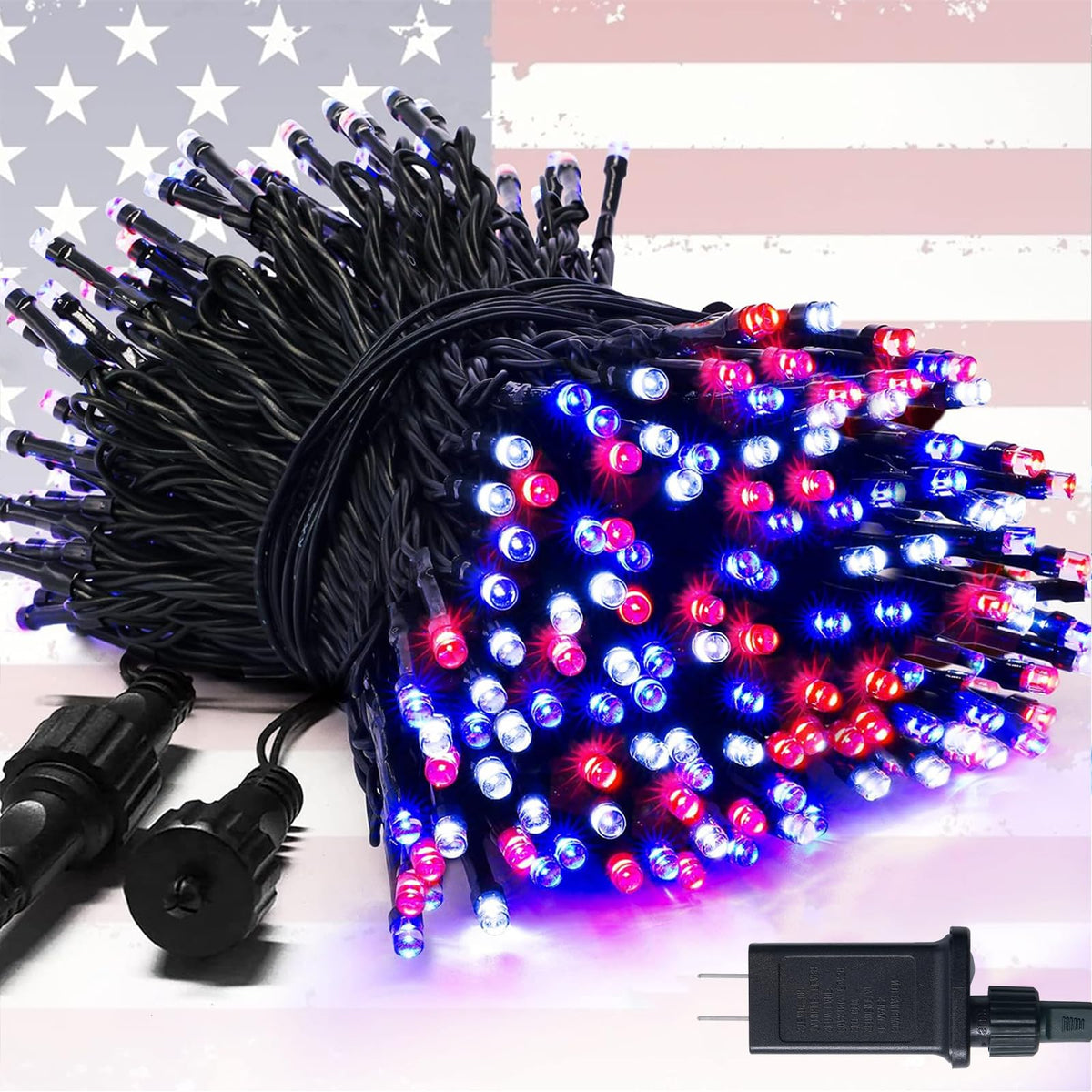 JMEXSUSS 250 LED red white blue lights on an outdoor string for scalable patriotic decor