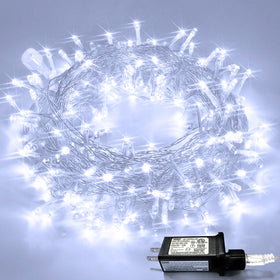 JMEXSUSS 33ft 100-LED white lights with clear wire brighten Christmas trees.