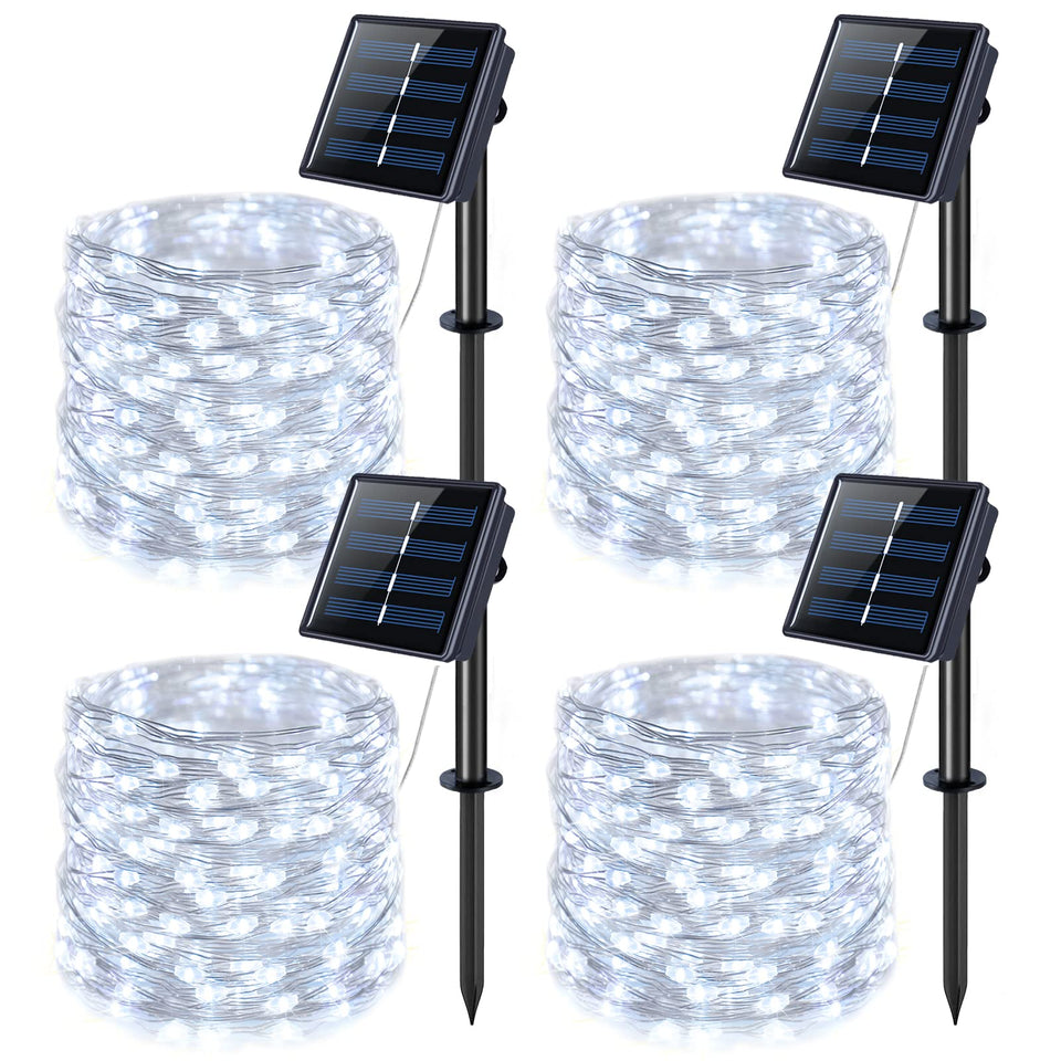 JMEXSUSS 4-pack 100 LED solar string lights outdoors for bright outdoor ambiance.