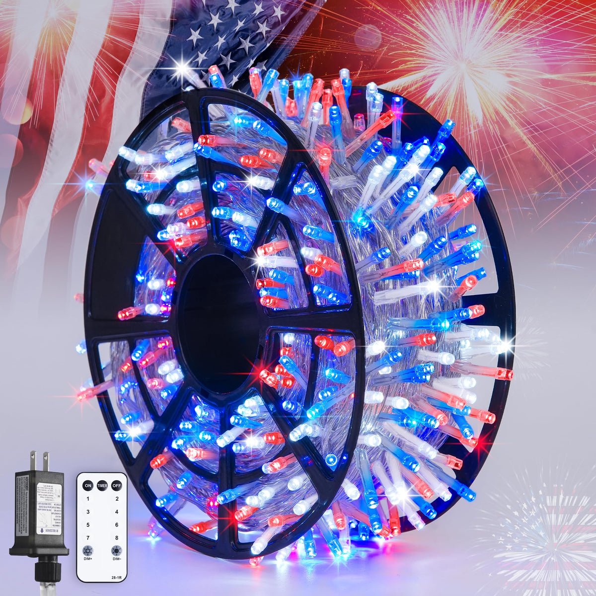 JMEXSUSS 600 LED red white blue lights on a reel for easy outdoor setup.