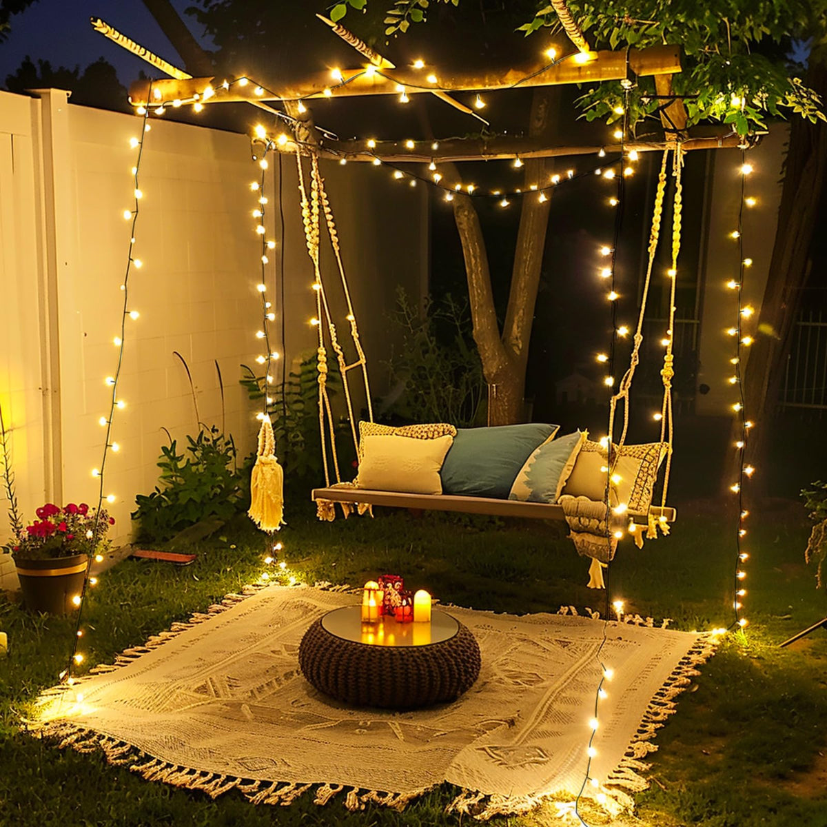 JMEXSUSS green-wire solar string lights blend with plants for subtle decoration.