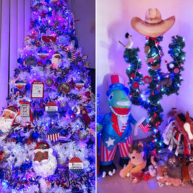 JMEXSUSS indoor outdoor patriotic lights wrapped around wreaths or trees.