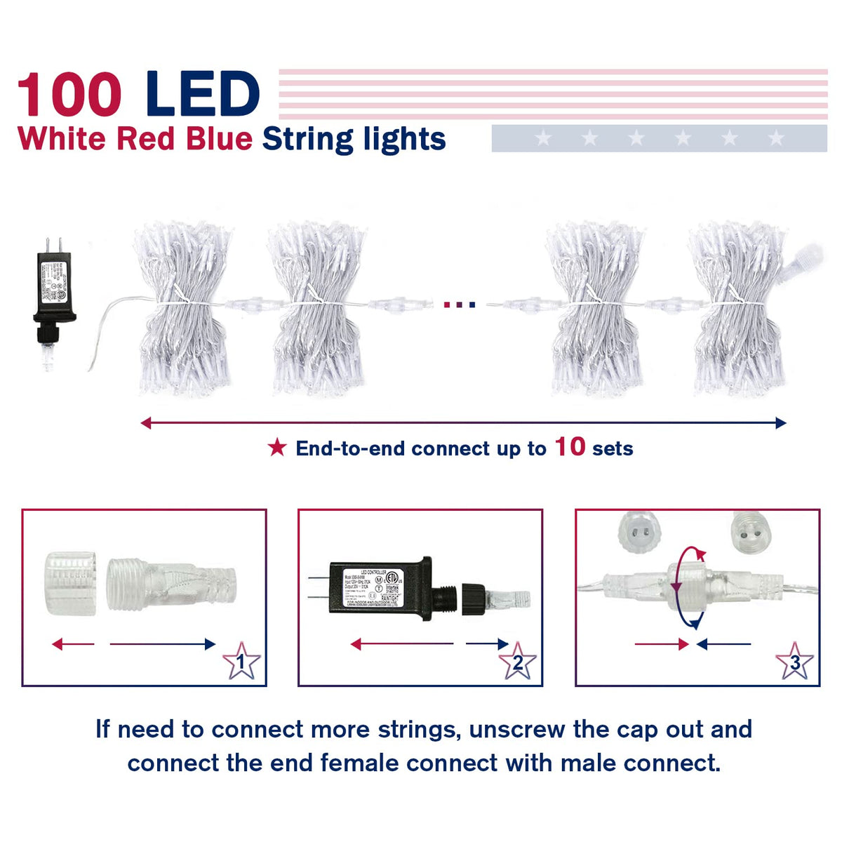 JMEXSUSS 1x100-led string light with UL plug packaging.