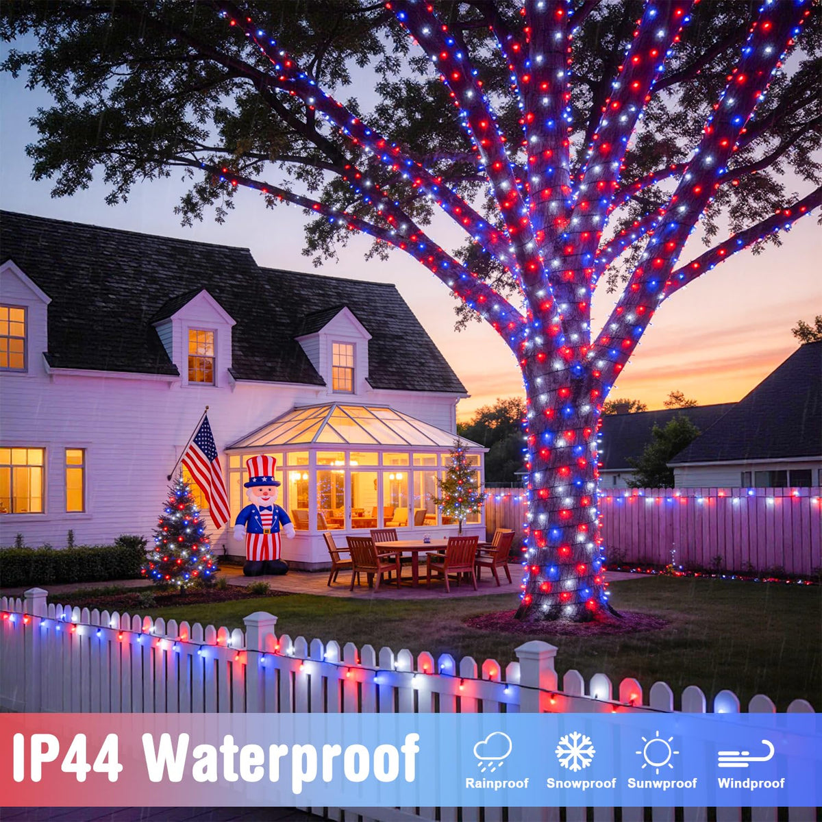 JMEXSUSS patriotic lights along a patio railing elevate outdoor gatherings