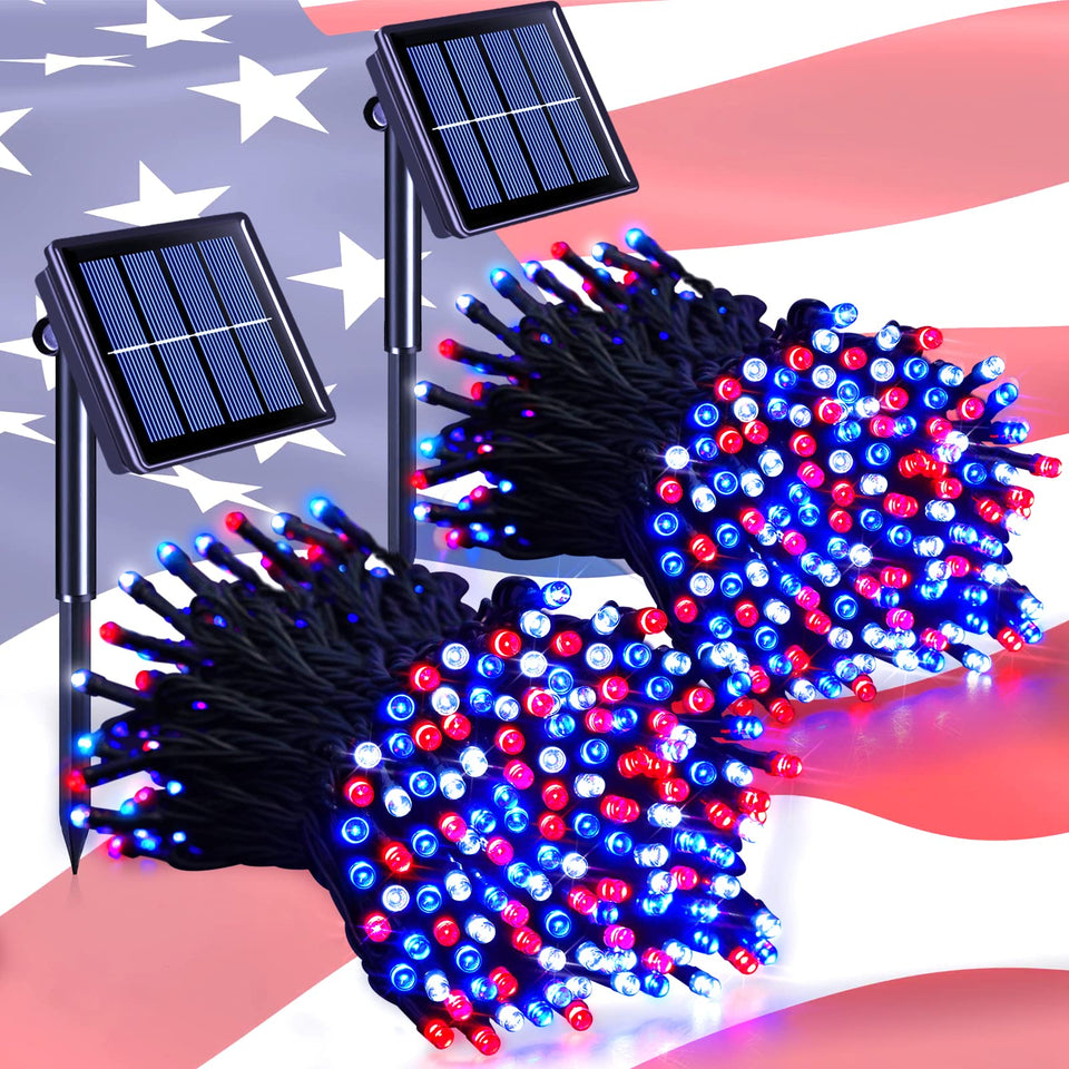 JMEXSUSS Patriot solar lights with 200 LEDs spanning 75.5 feet for 2-pack setup.