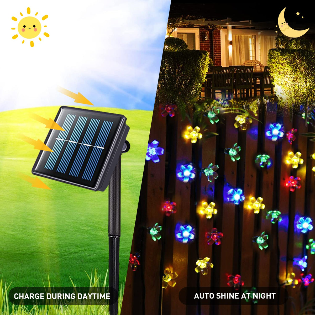 JMEXSUSS sun-charged flower lights provide a warm, inviting glow.