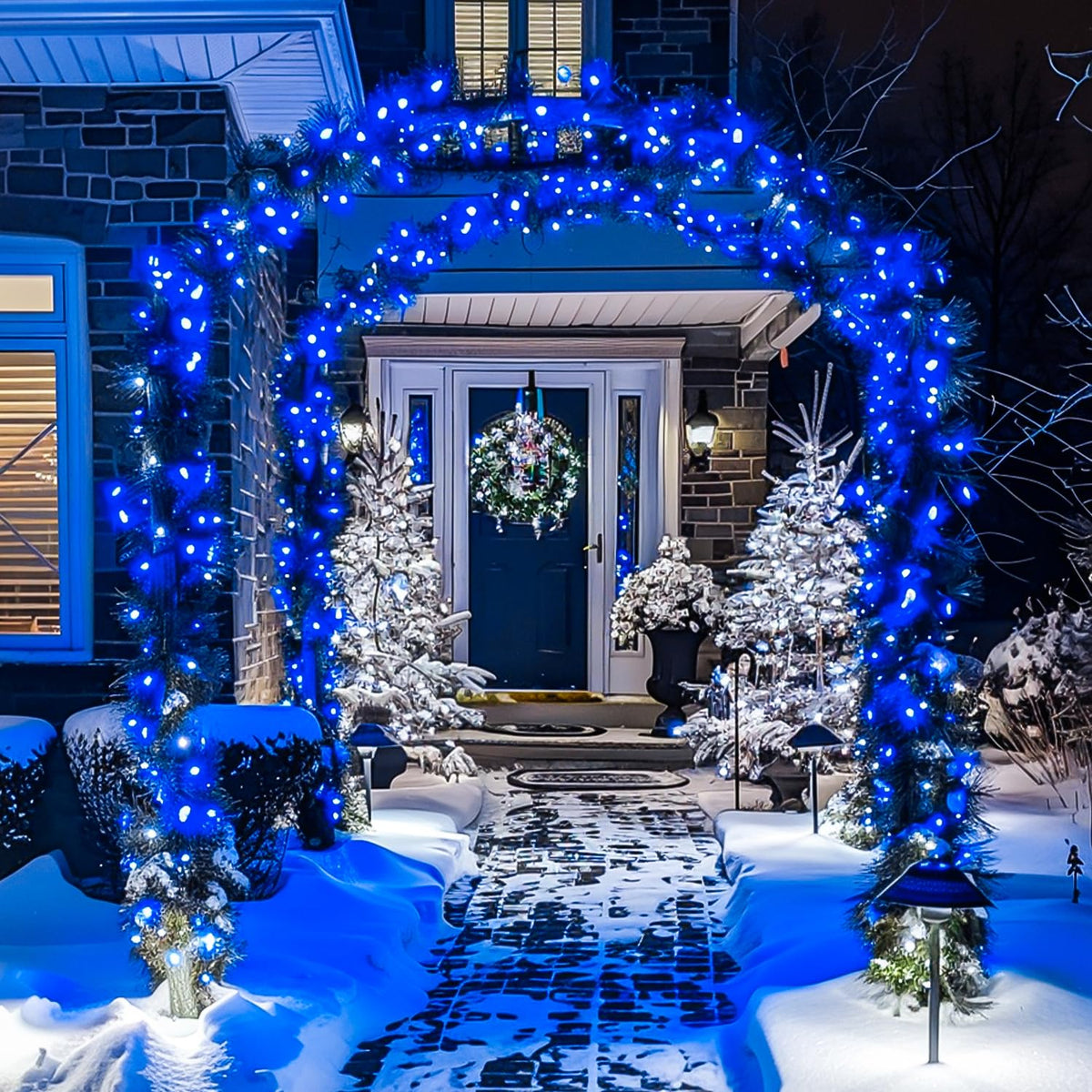 JMEXSUSS blue light wrapped around a tree for festive ambience
