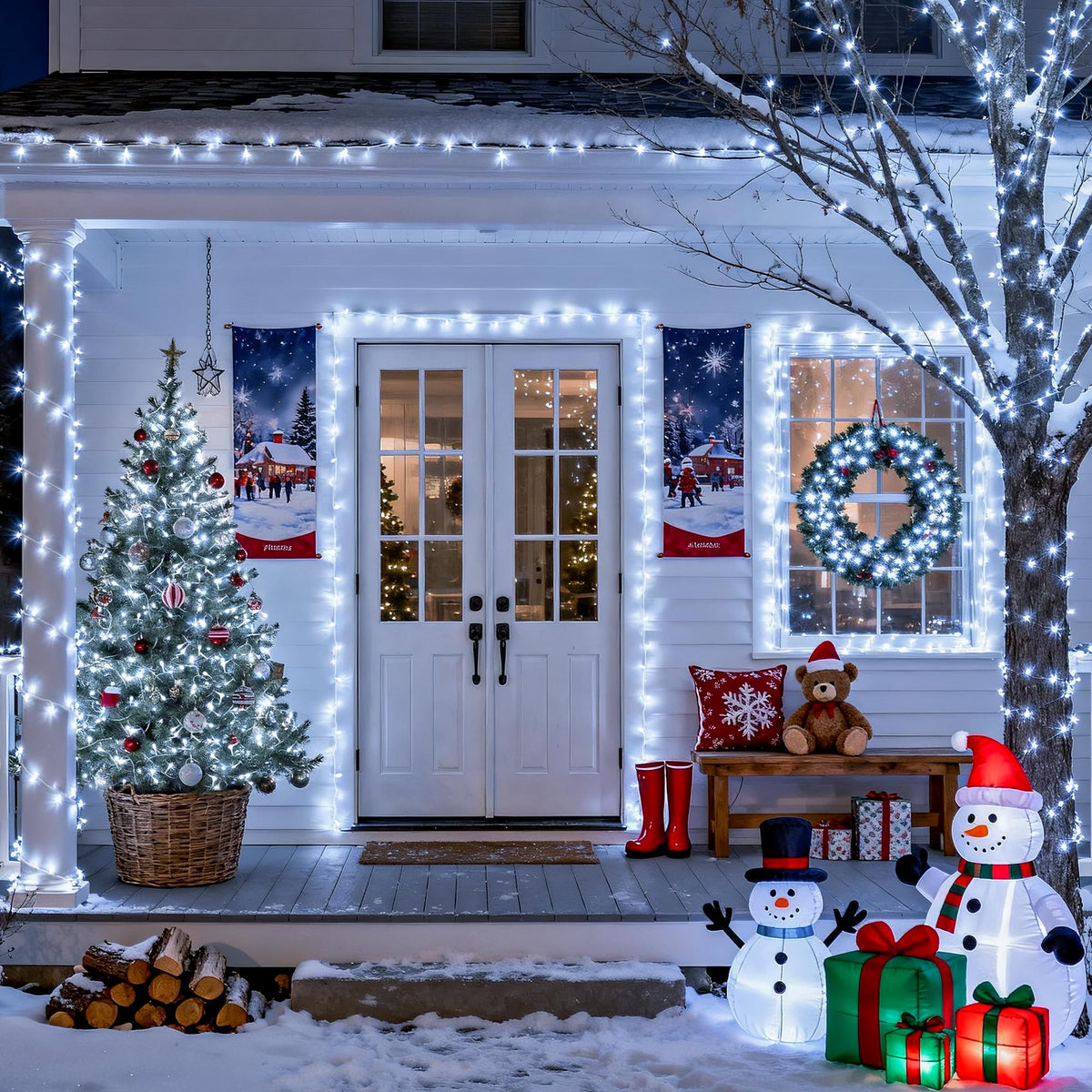 JMEXSUSS wrap porch pillars lights adding warm entryway ambience.