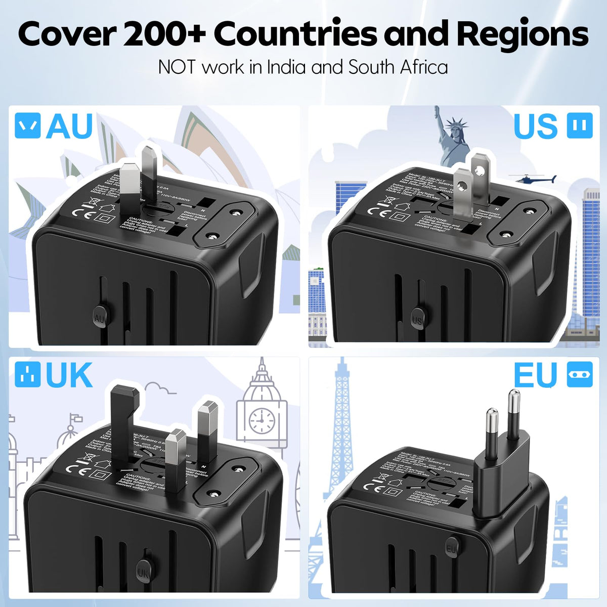 JMFONE adapter is not a voltage converter; use only dual-voltage devices.