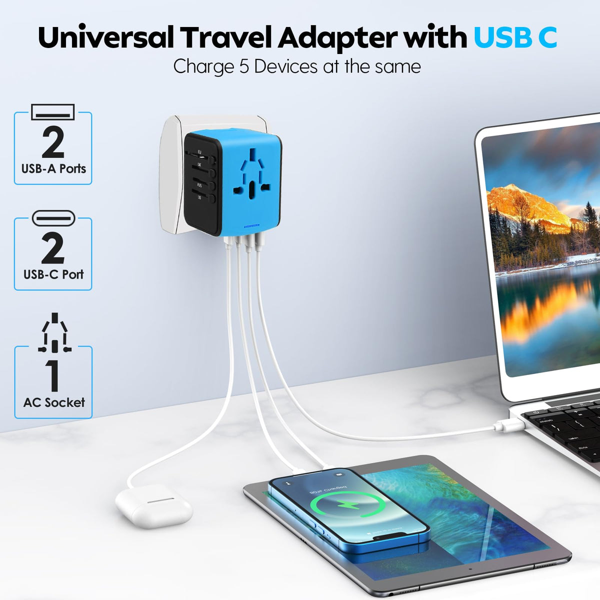 JMFONE travel adapter with US plug port enabling multi-device charging on the go.