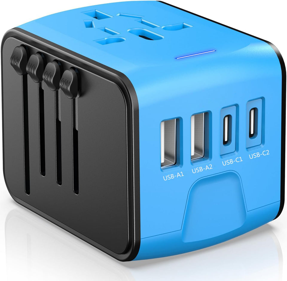 JMFONE universal travel adapter front view showing compact all-in-one power solution for travelers.