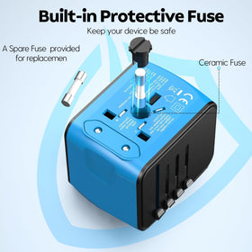 JMFONE travel adapter USB-A ports for simultaneous device charging on trips.