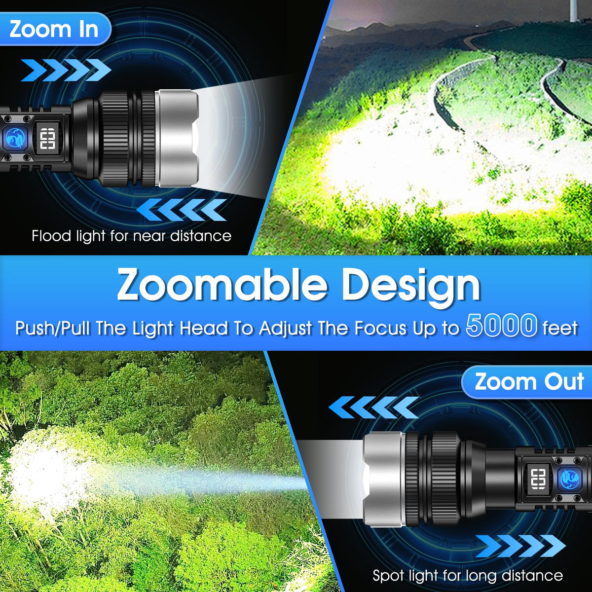JMNGSHU flashlight with telescopic zoom from flood to spotlight
