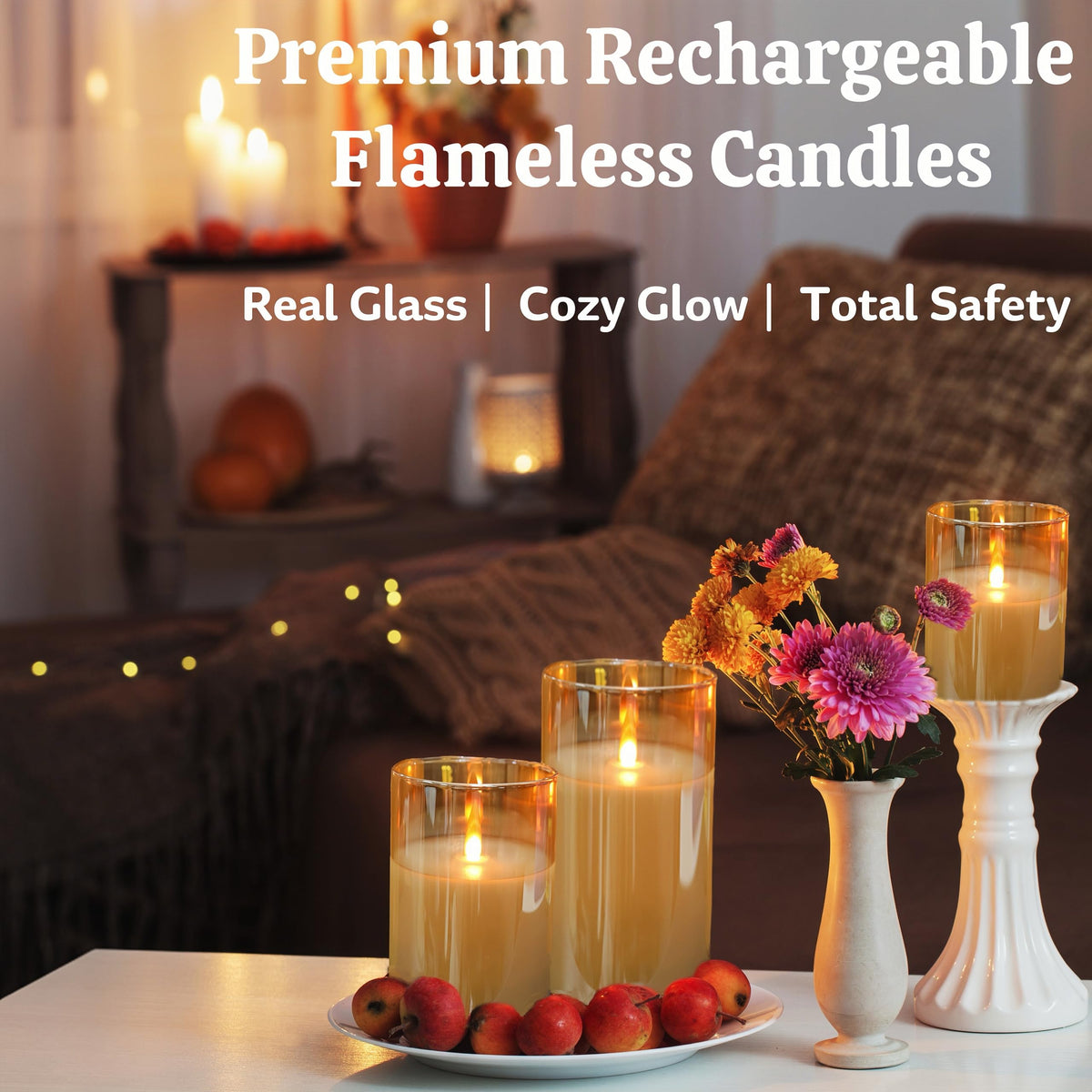 JMTONE real-wax glass candles offer lifelike texture and ambiance.