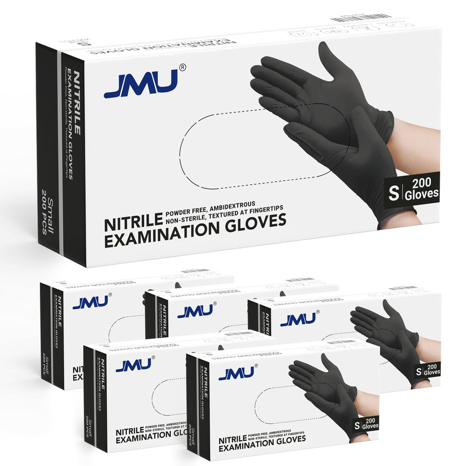 JMU black nitrile gloves show 3.5 mil thickness for durable wear and tear resistance