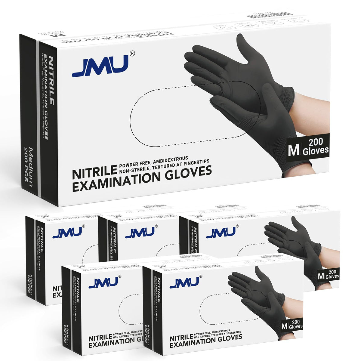 JMU Black nitrile gloves in bulk case for easy restocking and versatile use