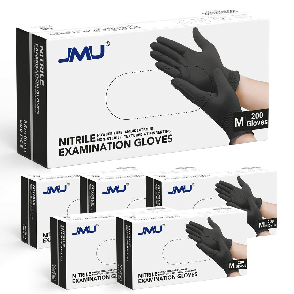 JMU Black nitrile gloves in bulk case for easy restocking and versatile use