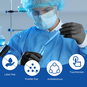 JMU Black nitrile gloves showing touchscreen compatibility in use