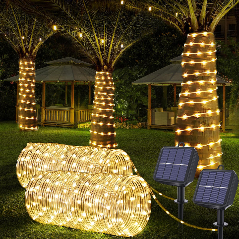 Jnaurb Solar Rope Lights illuminate outdoor spaces with warm white glow for cozy evenings.