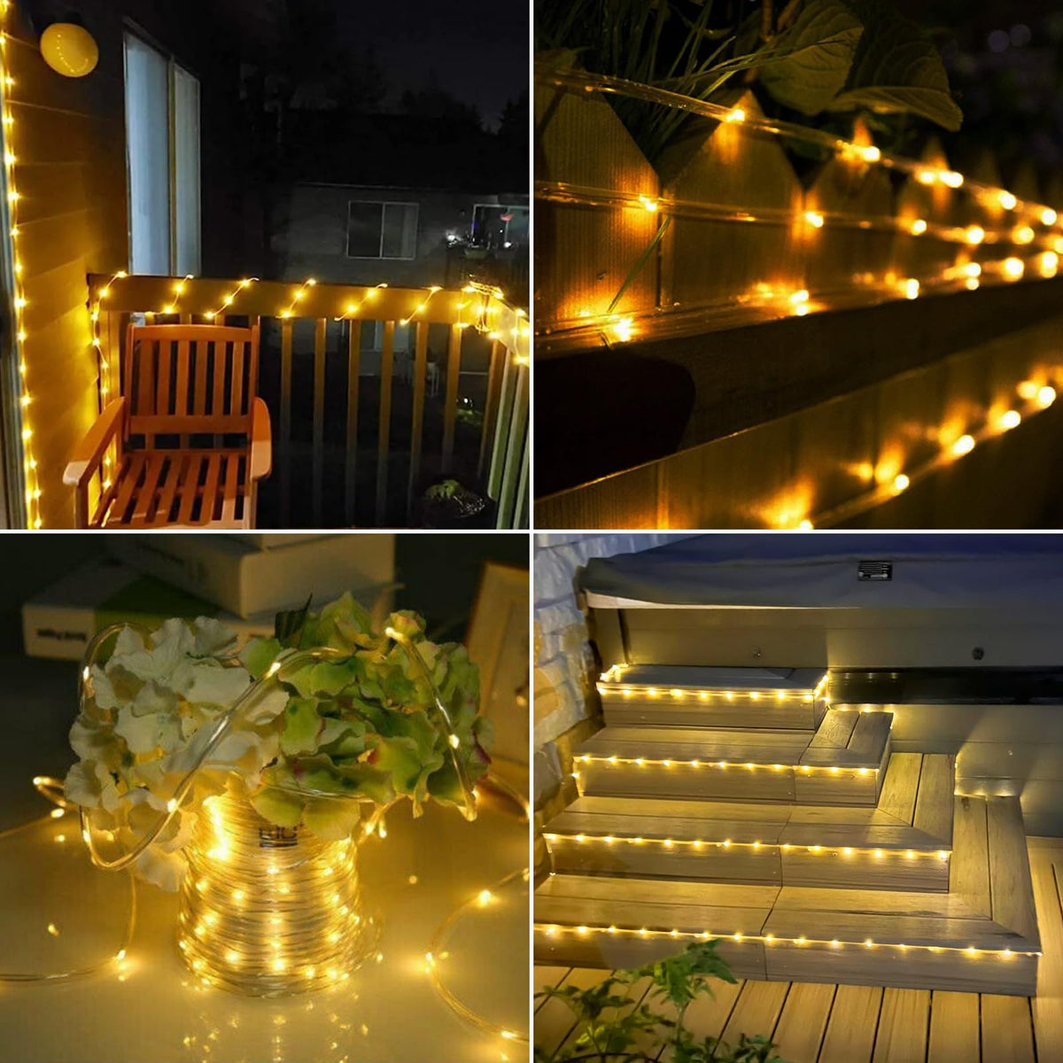 Jnaurb warm-white rope lights create inviting atmosphere along fences and porches.