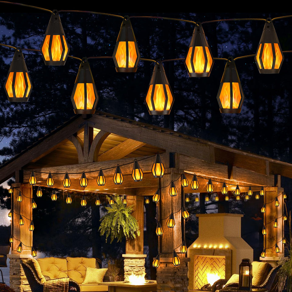 Jnaurb solar string lights outside with flame bulbs for cozy evenings outdoors.