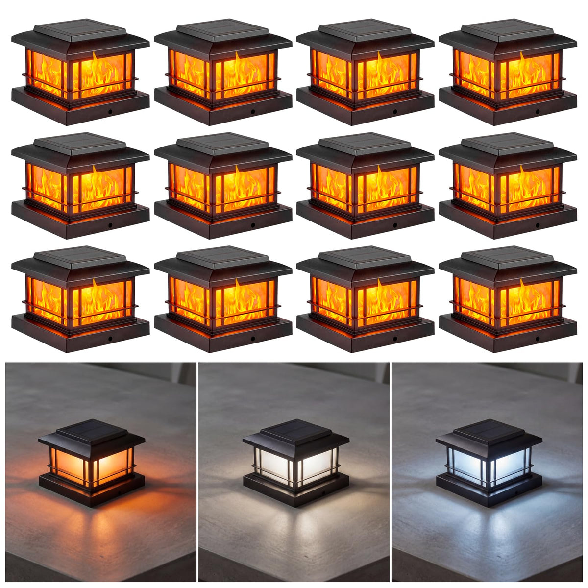 JOFIOS flickering flame post-cap light creates warm outdoor ambiance at dusk