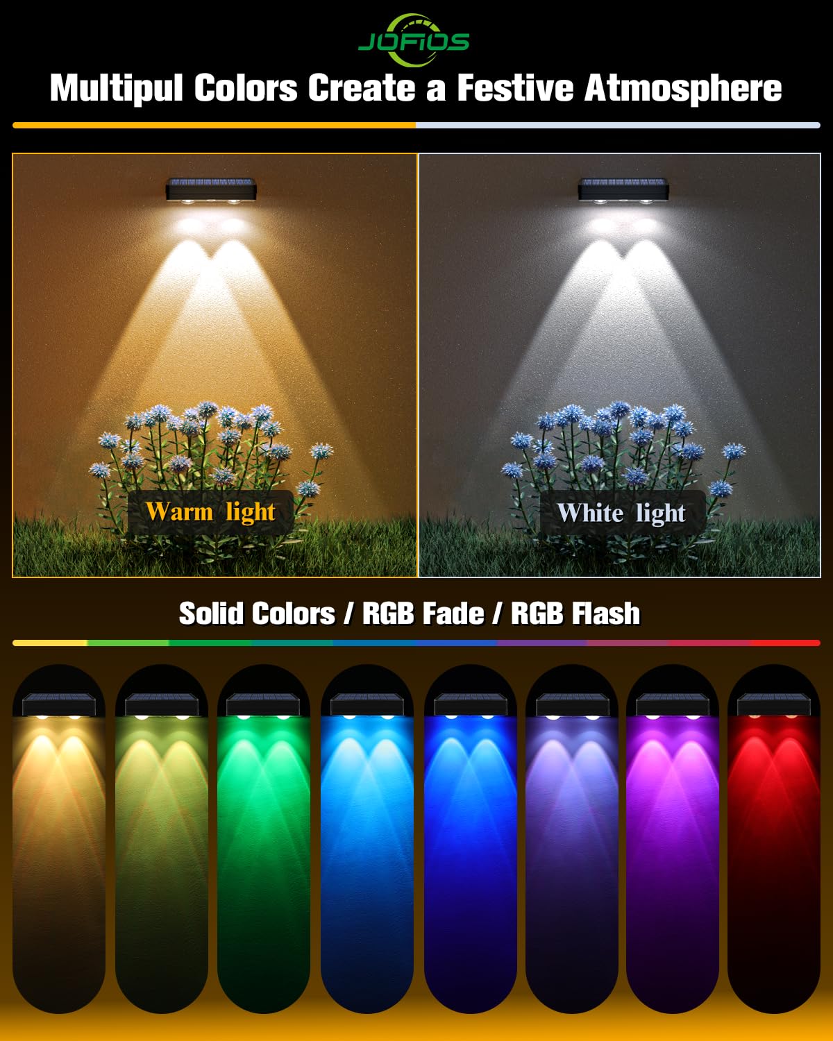 JOFIOS 12 RGB modes create festive accents along fences, decks, and patios.