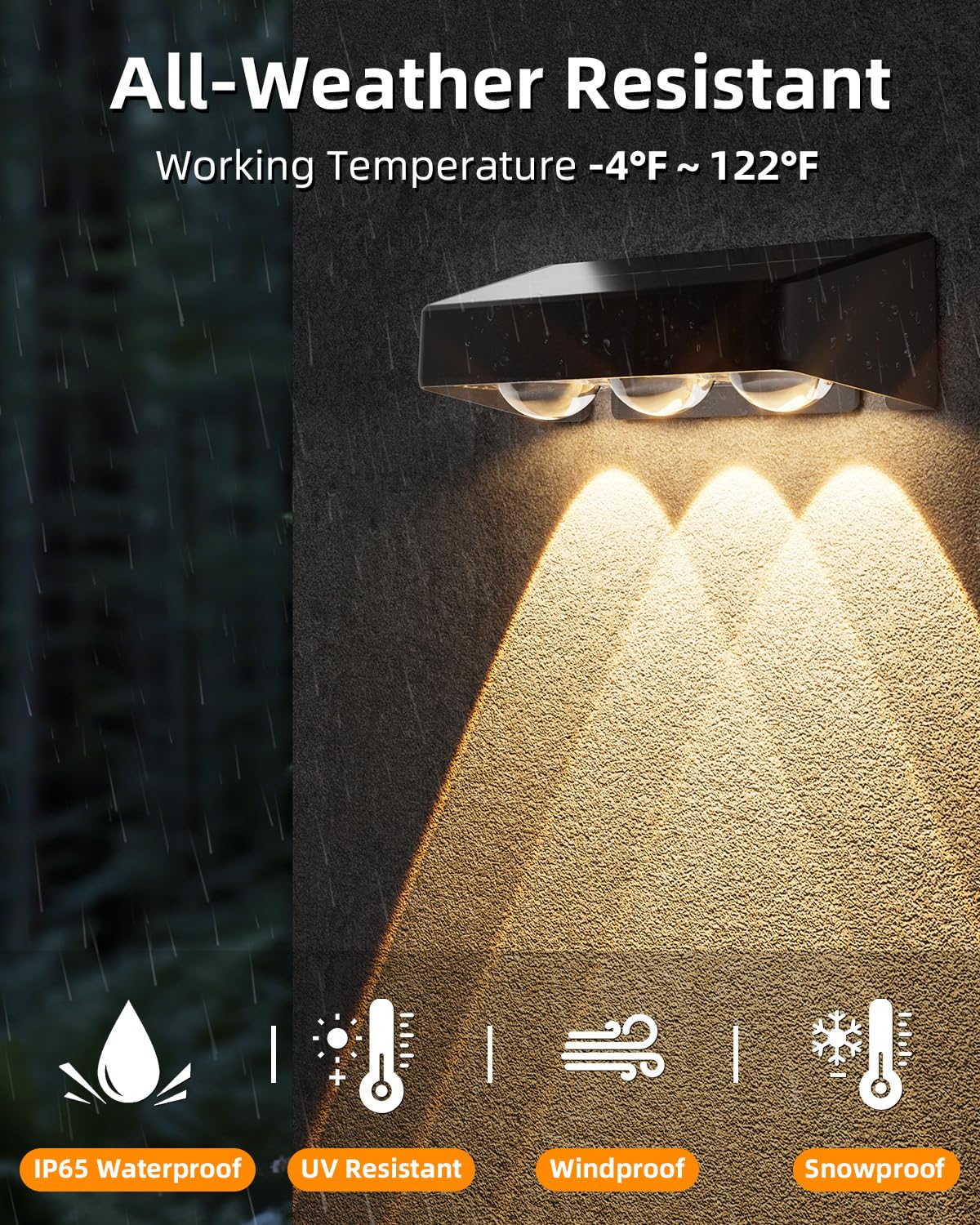 JOFIOS warm white solar fence light illuminating a deck edge at night