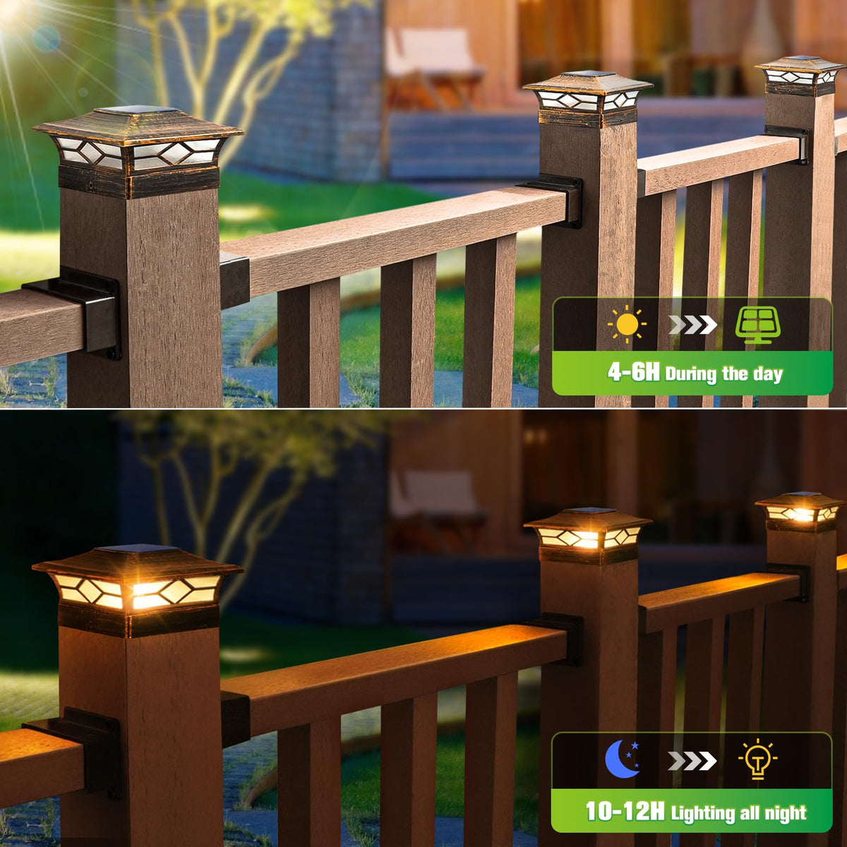JOFIOS solar post cap lights installed on fence post offer safe outdoor lighting.