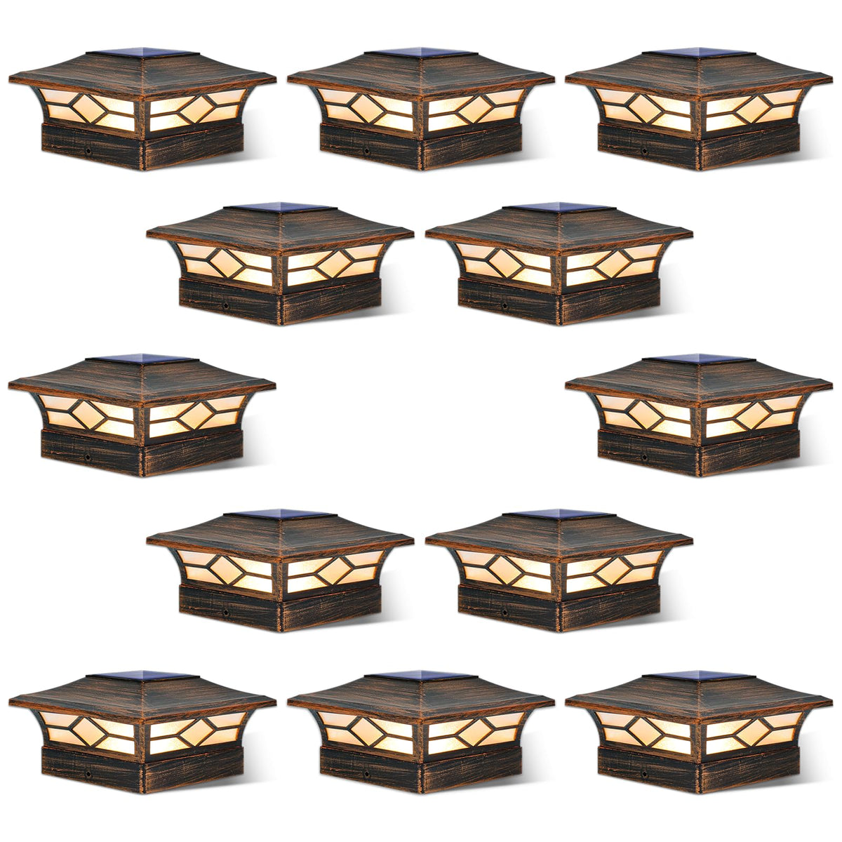 JOFIOS solar post cap lights on wood post provide warm ambient lighting.
