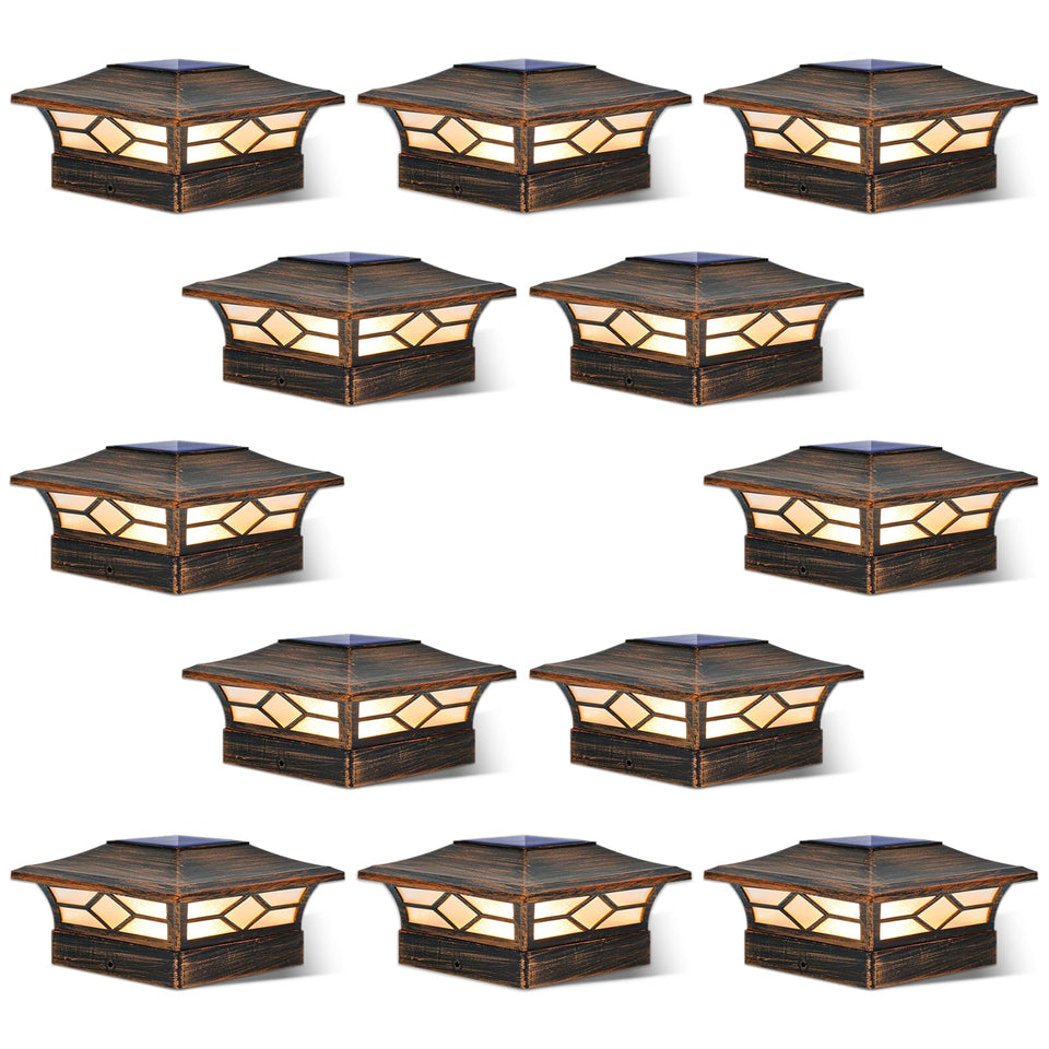 JOFIOS solar post cap lights on wood post provide warm ambient lighting.