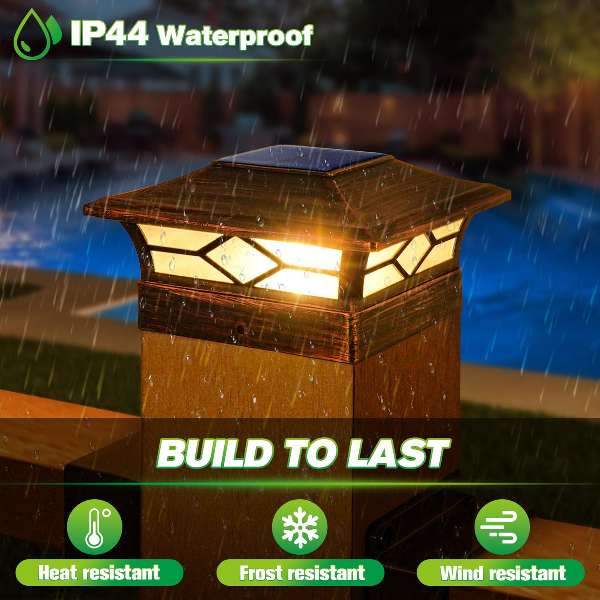 JOFIOS warm light mode post cap lights create cozy veranda evenings.