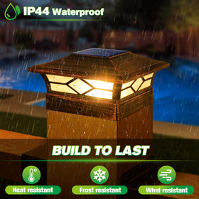 JOFIOS warm light mode post cap lights create cozy veranda evenings.