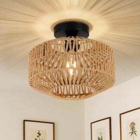 Jobtical boho light fixture with a rattan cage for warm ambient lighting.