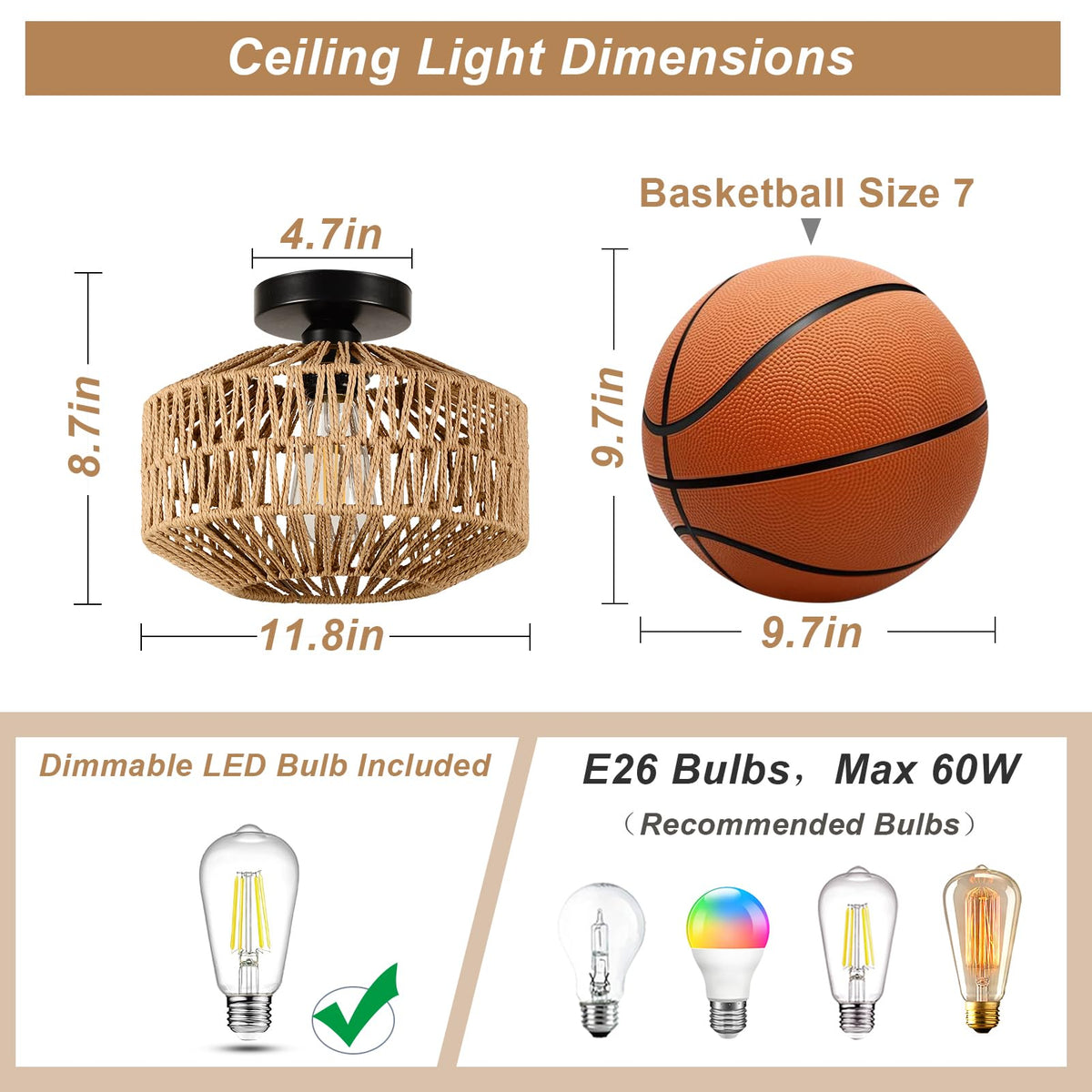 Jobtical dimmable LED bulb included for adjustable brightness and mood.