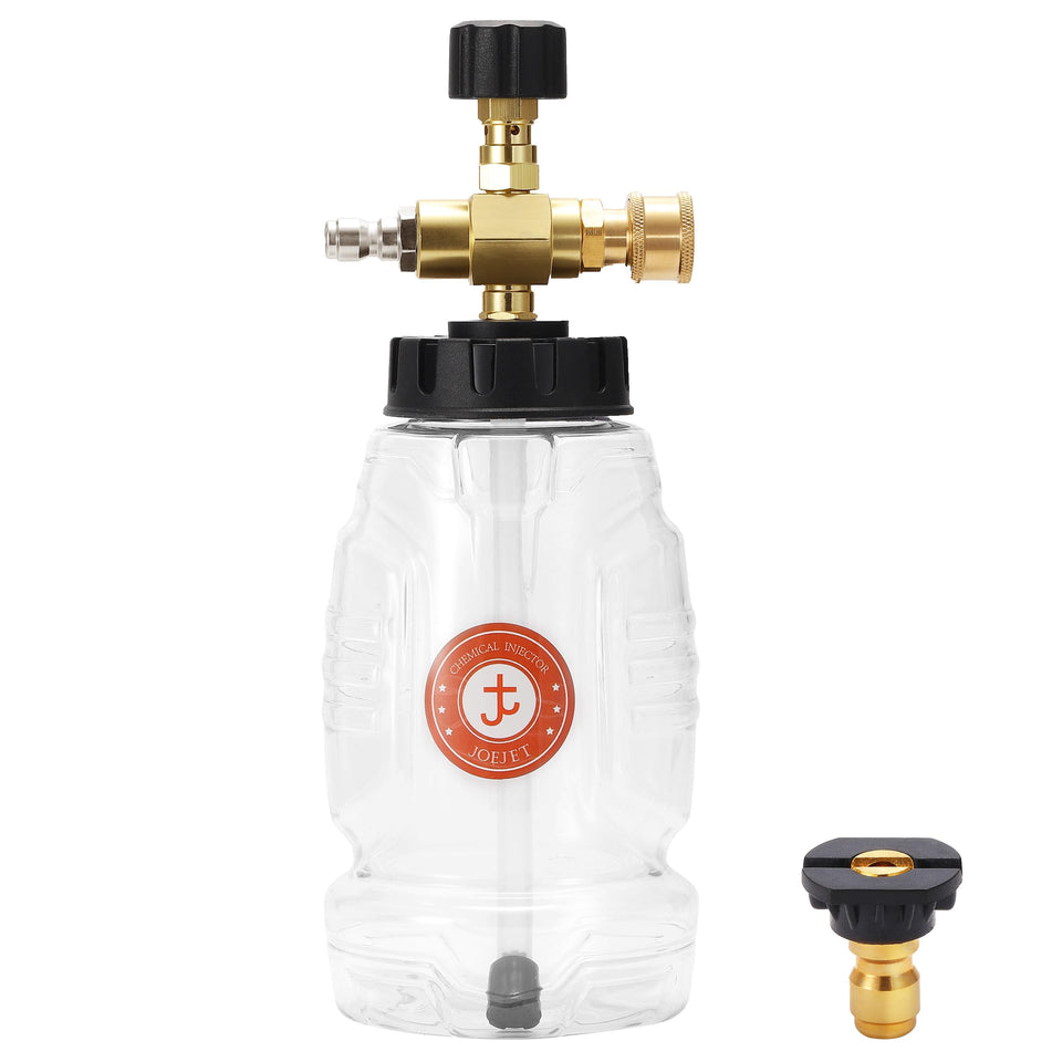JOEJET chemical injector bottle side view enables efficient soap dilution for driveways.