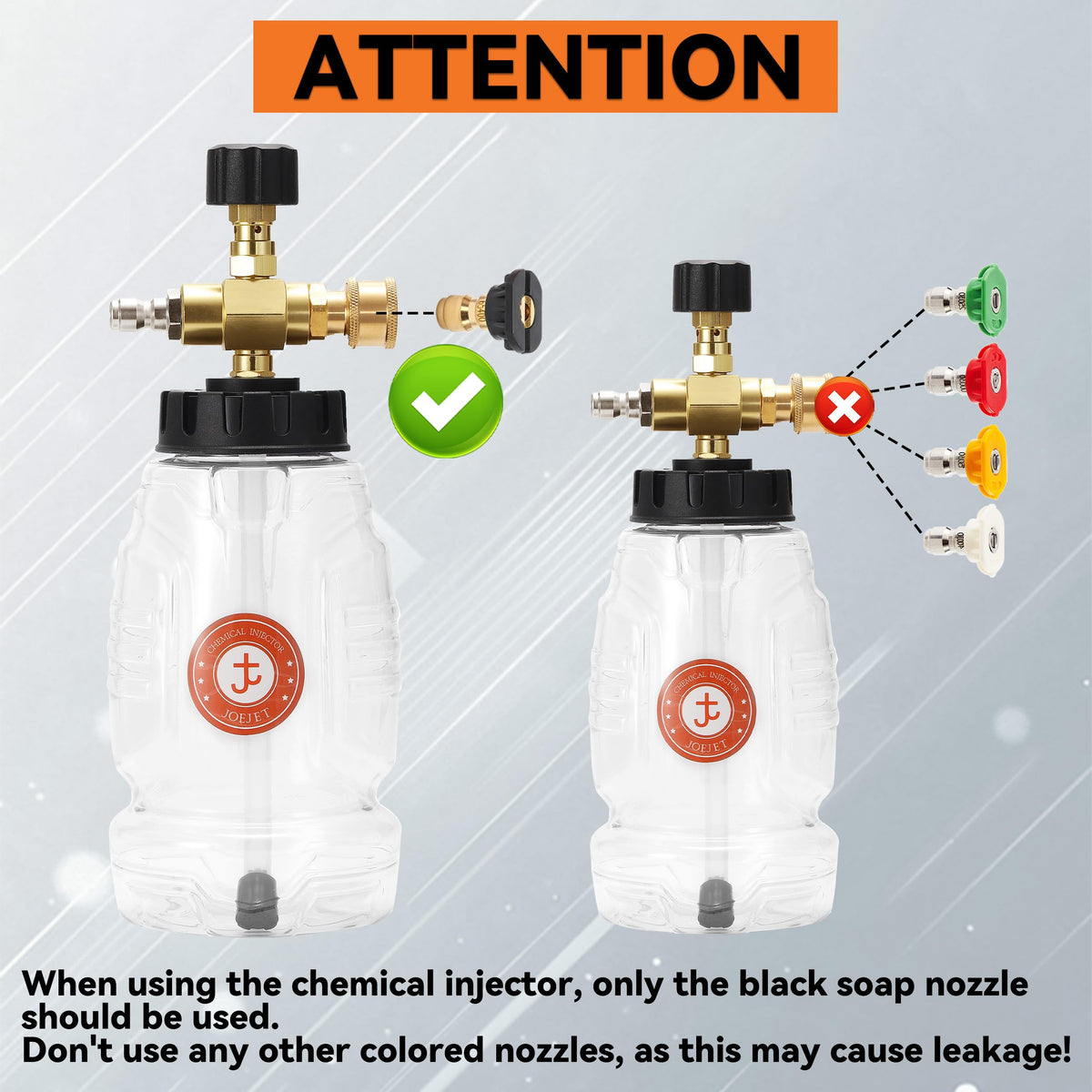JOEJET note shows only the black nozzle should be used to prevent leaks.