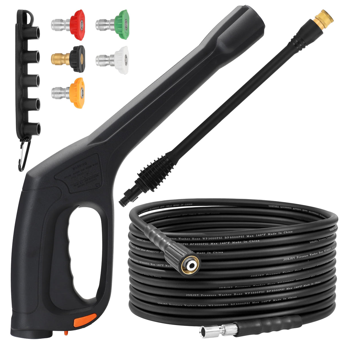 JOEJET pressure-washer spray gun close-up showing ergonomic grip and safety features