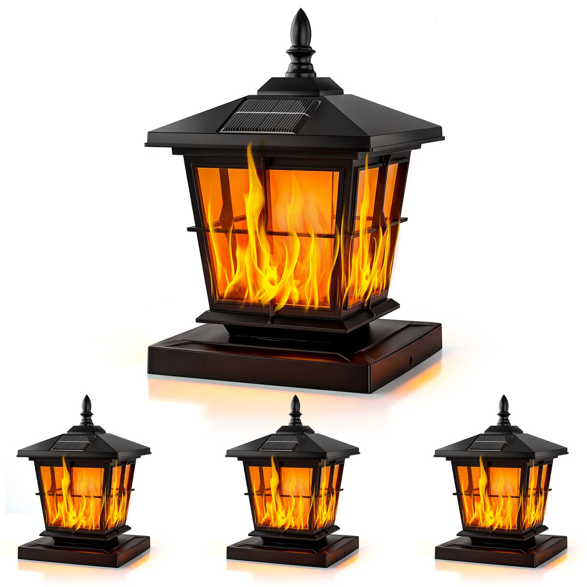 JOFIOS Solar Flame Post Light on post with warm amber glow for outdoor ambiance.