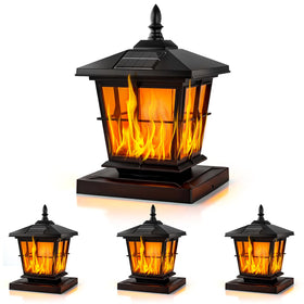 JOFIOS Solar Flame Post Light on post with warm amber glow for outdoor ambiance.