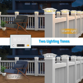 JOFIOS solar post cap lights installed on 4x4 posts for easy deck lighting.